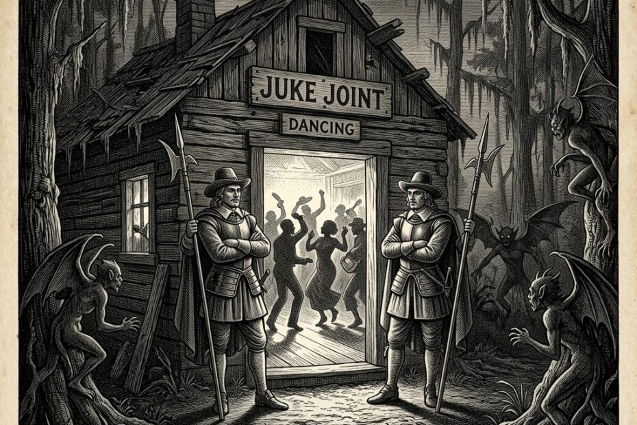 17th century black and white engraving of a juke joint surrounded by demons — Sinners 2025 movie themes of freedom and identity