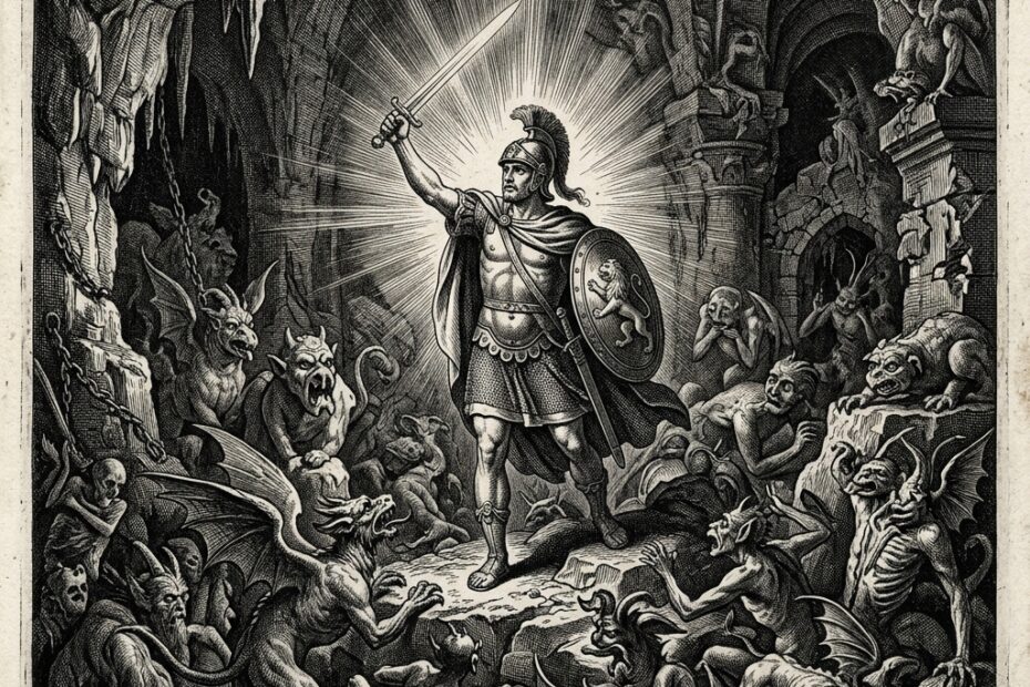 Classical black and white engraving of a lone warrior rising against monsters — life lessons from Solo Leveling