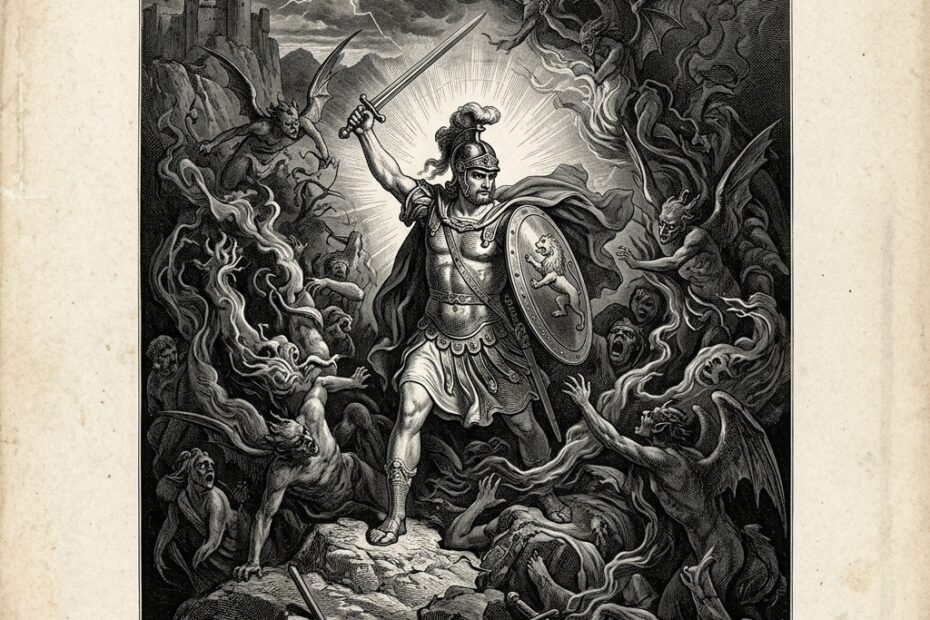 Black and white mythological engraving of a warrior surrounded by cursed energy for Jujutsu Kaisen quotes
