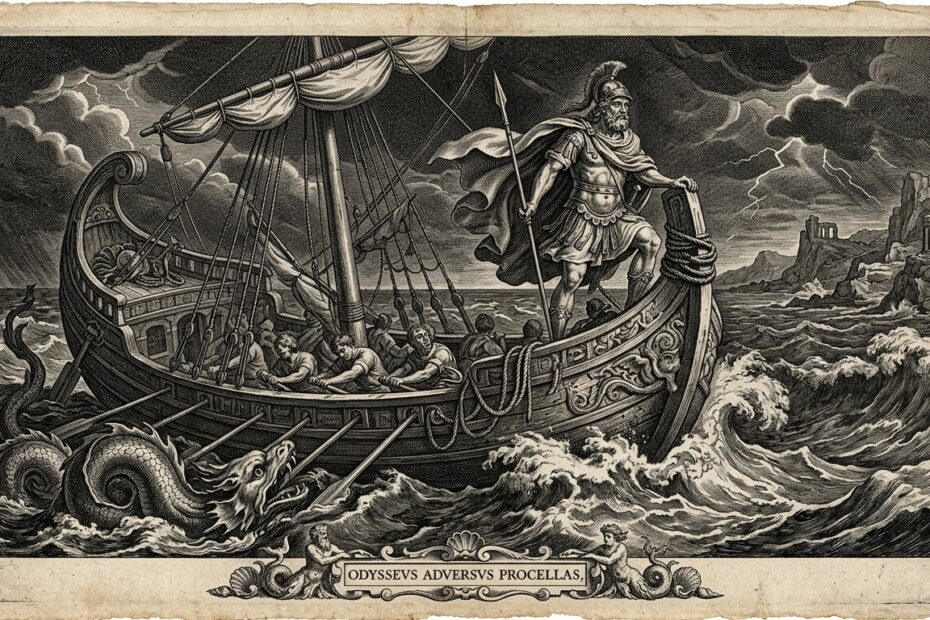Classical 17th century black and white engraving of Odysseus at sea for Homer's Odyssey life lessons