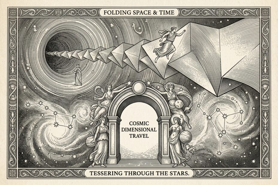 Classic black and white engraving illustrating A Wrinkle in Time lessons and tessering through dimensions