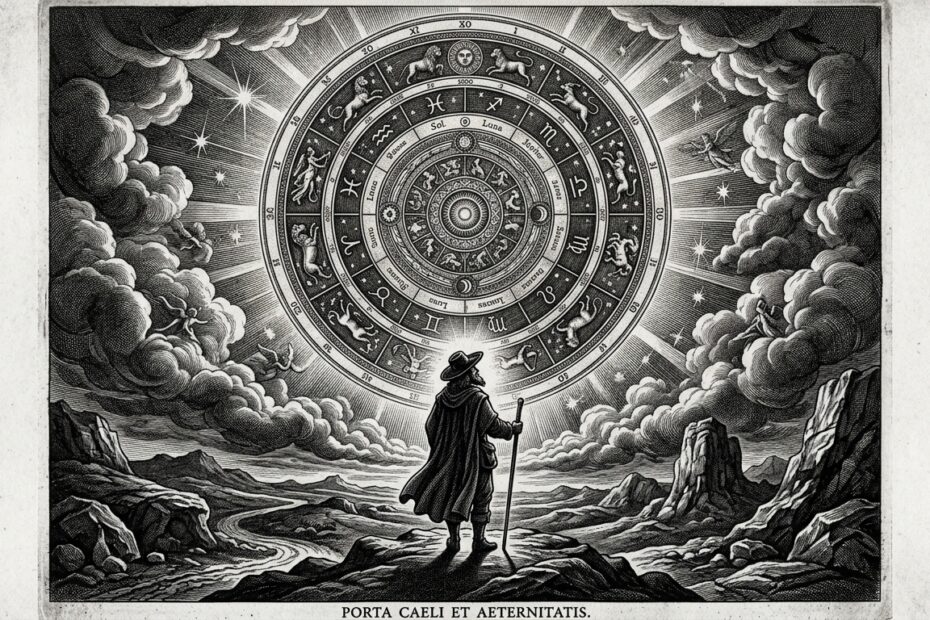17th century engraving of a figure standing before a celestial portal, representing Arrival movie life lessons