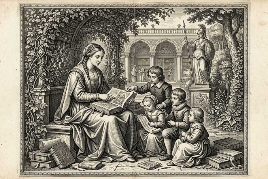Classical XVII century black and white engraving of a maternal teacher reading with children — best children's books by age for australians