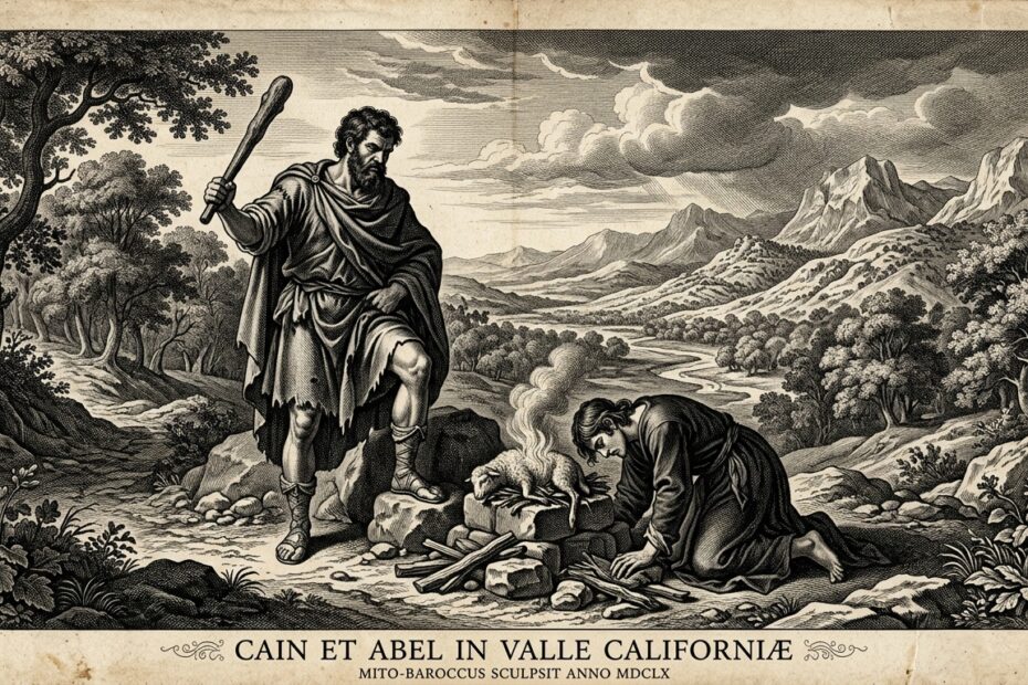 17th century engraving of Cain and Abel in a valley, representing East of Eden quotes by John Steinbeck