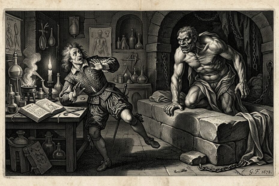 17th century engraving of Frankenstein's scientist recoiling from his creature, representing lessons from Mary Shelley