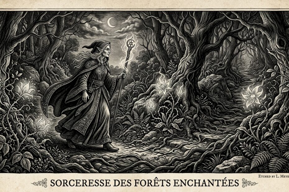17th century engraving of an elven sorceress walking alone, representing Frieren life lessons about time and connection