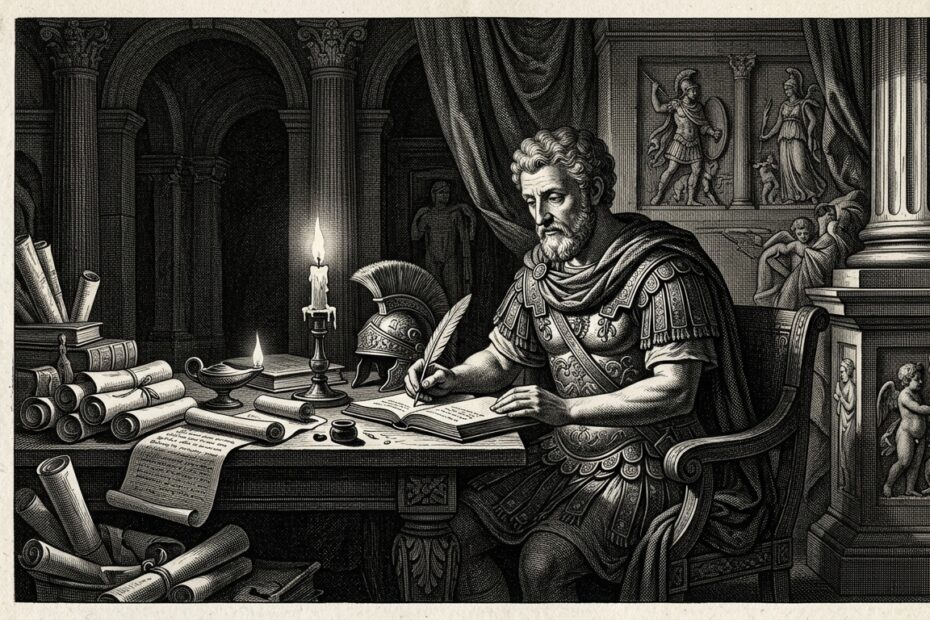 17th century engraving of Marcus Aurelius writing his Meditations by candlelight, representing Stoic philosophy quotes