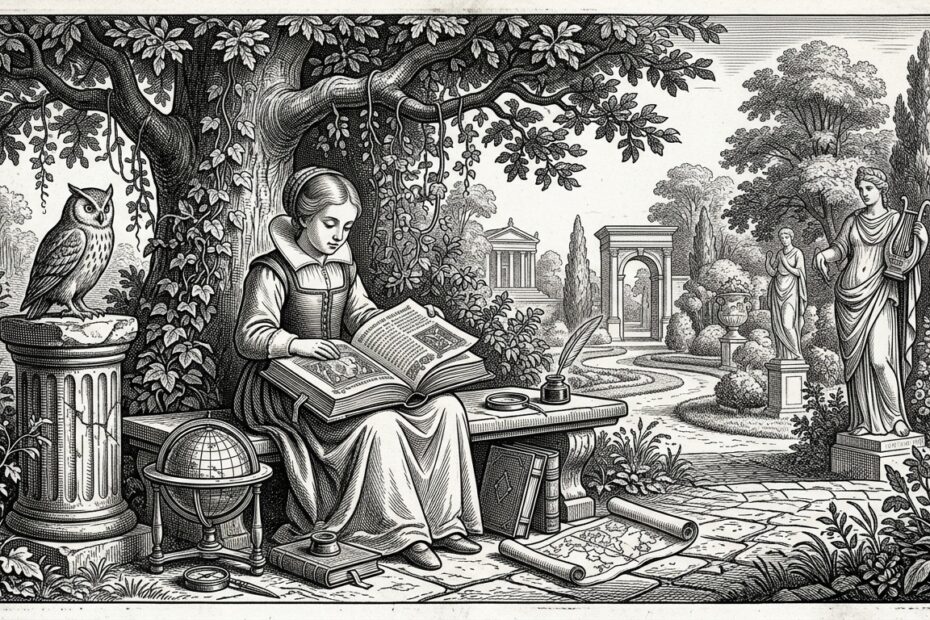 Classical XVII century black and white engraving of a young girl reading in a garden — popular books for 10 year old girls