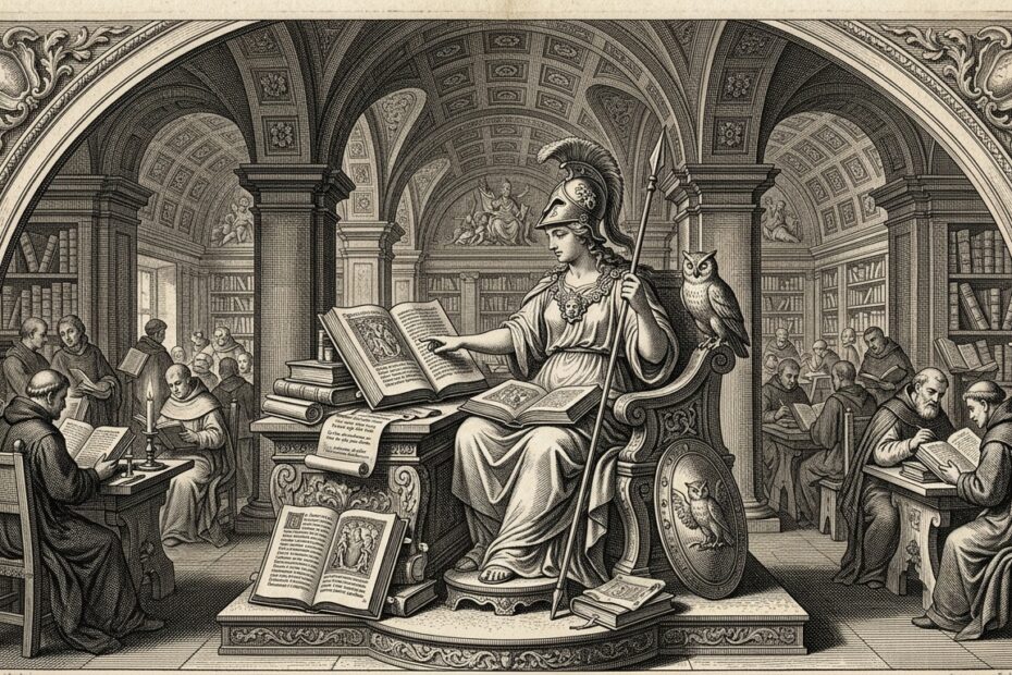 Classical XVII century black and white engraving of Minerva in a library — reading books quotes in english