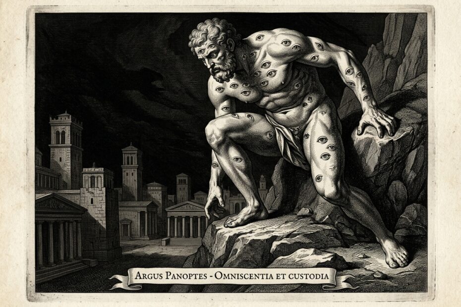 17th-century classical engraving of Argus Panoptes representing surveillance and psychological control in George Orwell's 1984