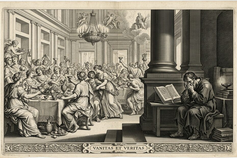 17th-century classical copperplate engraving of a solitary philosopher weeping amid hedonistic banquet, illustrating Brave New World life lessons