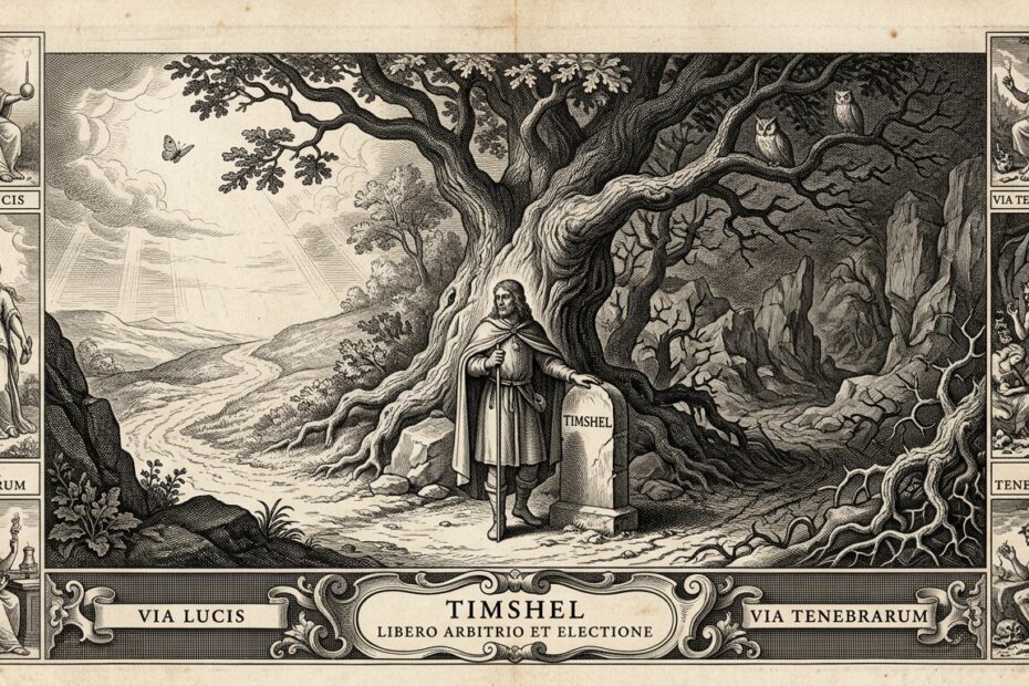 17th-century classical baroque etching representing the philosophical struggle of Free Will and Timshel, illustrating East of Eden life lessons