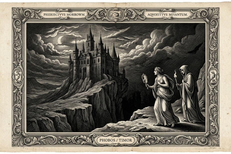 17th-century classical engraving of an imposing gothic manor under midnight skies, illustrating gothic horror life lessons and existential dread