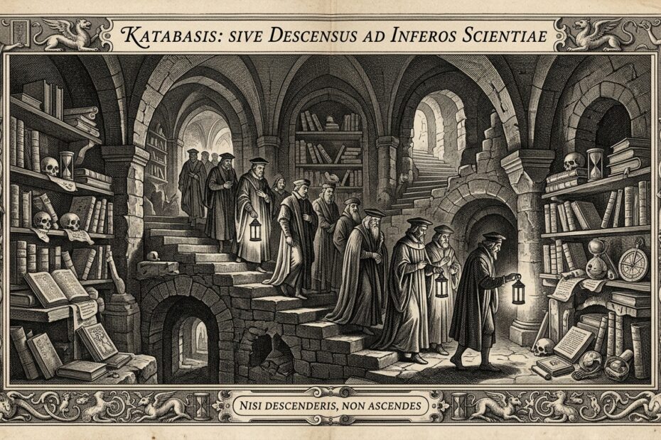17th-century classical mythological engraving of scholars descending into subterranean crypt of ancient codices, illustrating Katabasis book life lessons