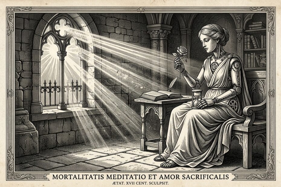 17th-century classical copperplate engraving of a thoughtful automaton bathed in celestial sunbeams, illustrating Klara and the Sun life lessons