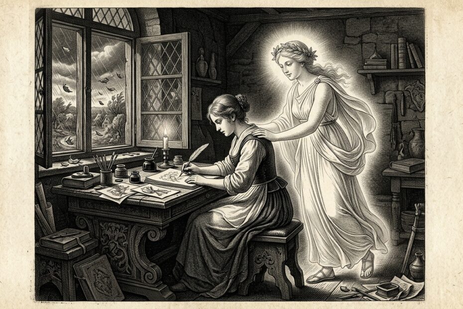 17th-century classical copperplate engraving of an artist guided by a Muse, illustrating Look Back anime life lessons