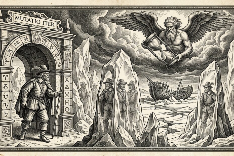 17th-century classical copperplate engraving of an explorer facing duplicate reflections in ice, illustrating Mickey 17 movie life lessons