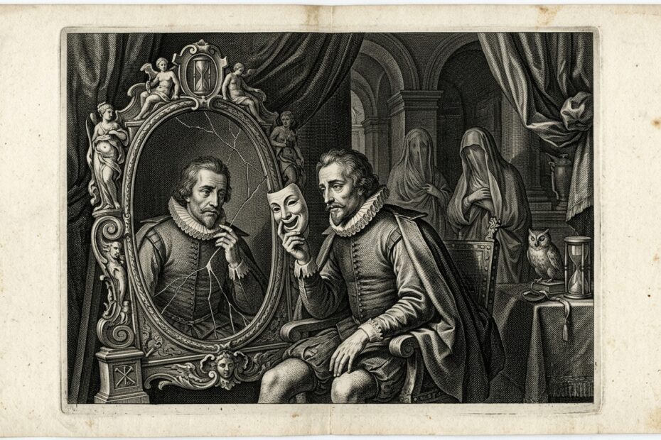 17th-century classical copperplate engraving of a melancholic gentleman holding a mask, illustrating No Longer Human life lessons