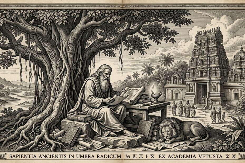 Classical XVII century black and white engraving of a scholar under a banyan tree — reading books quotes in hindi