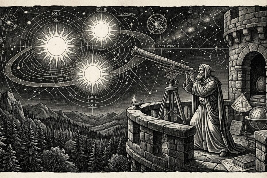 17th-century classical copperplate engraving of an astronomer and three suns, illustrating Three-Body Problem Dark Forest philosophy
