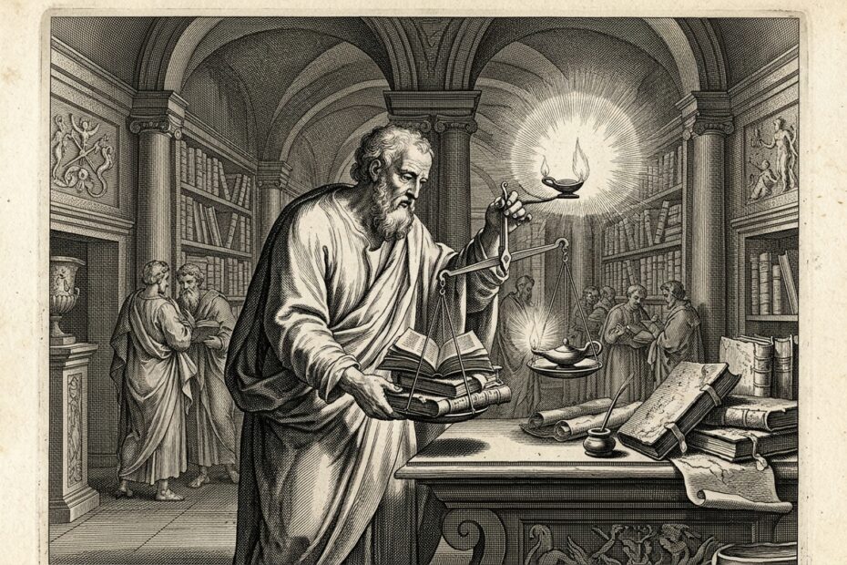 17th-century classical mythological engraving of an ancient library scale evaluating overrated classic books