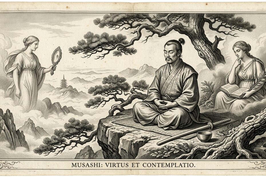 17th-century classical copperplate engraving of a meditating samurai, illustrating Vagabond life lessons and inner peace