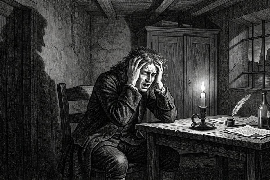 17th-century classical copperplate engraving of a tormented soul examining conflicting confessions by candlelight, illustrating Verity book psychological lessons