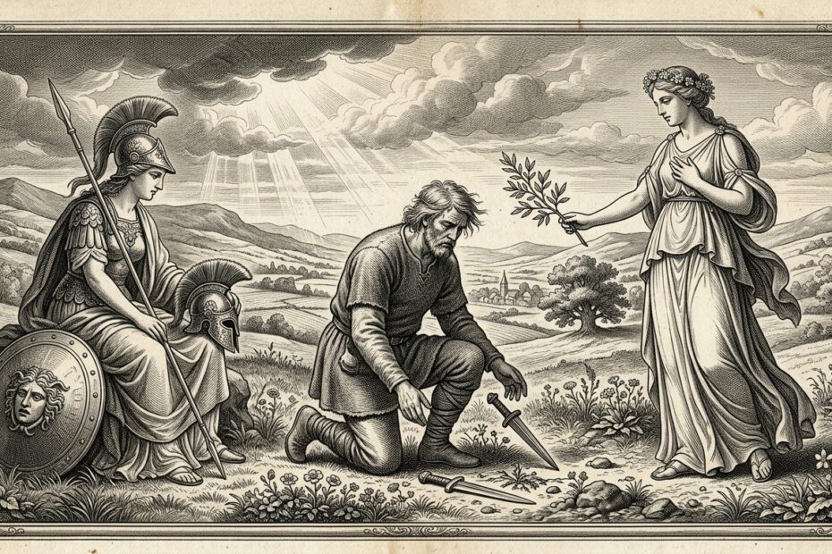 17th-century classical copperplate engraving of a Norse warrior renouncing weapons, illustrating Vinland Saga life lessons and inner peace